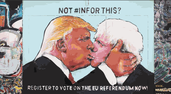 Donald Trump and Boris Johnson in a passionate capitalist fraternal street-art kiss in Bristol, Uk